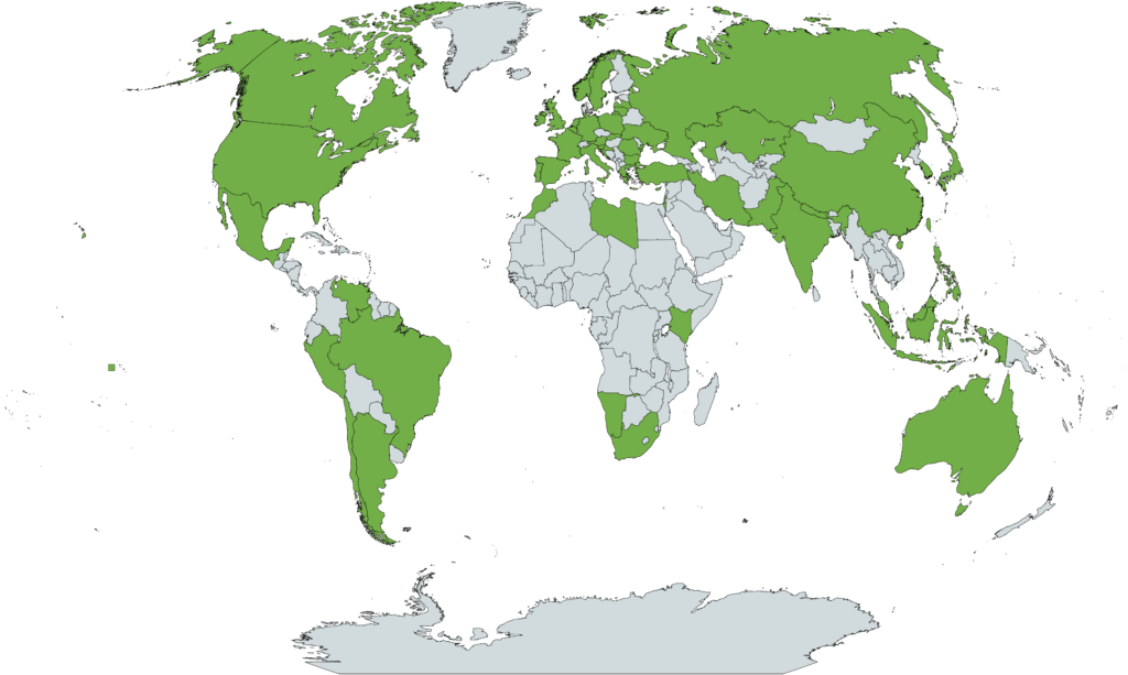 Map: Countries where Infirmary Integrated has been used are marked in green.